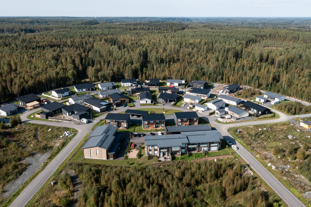 Ilmakuva metsän ympäröimästä omakotitaloalueesta.