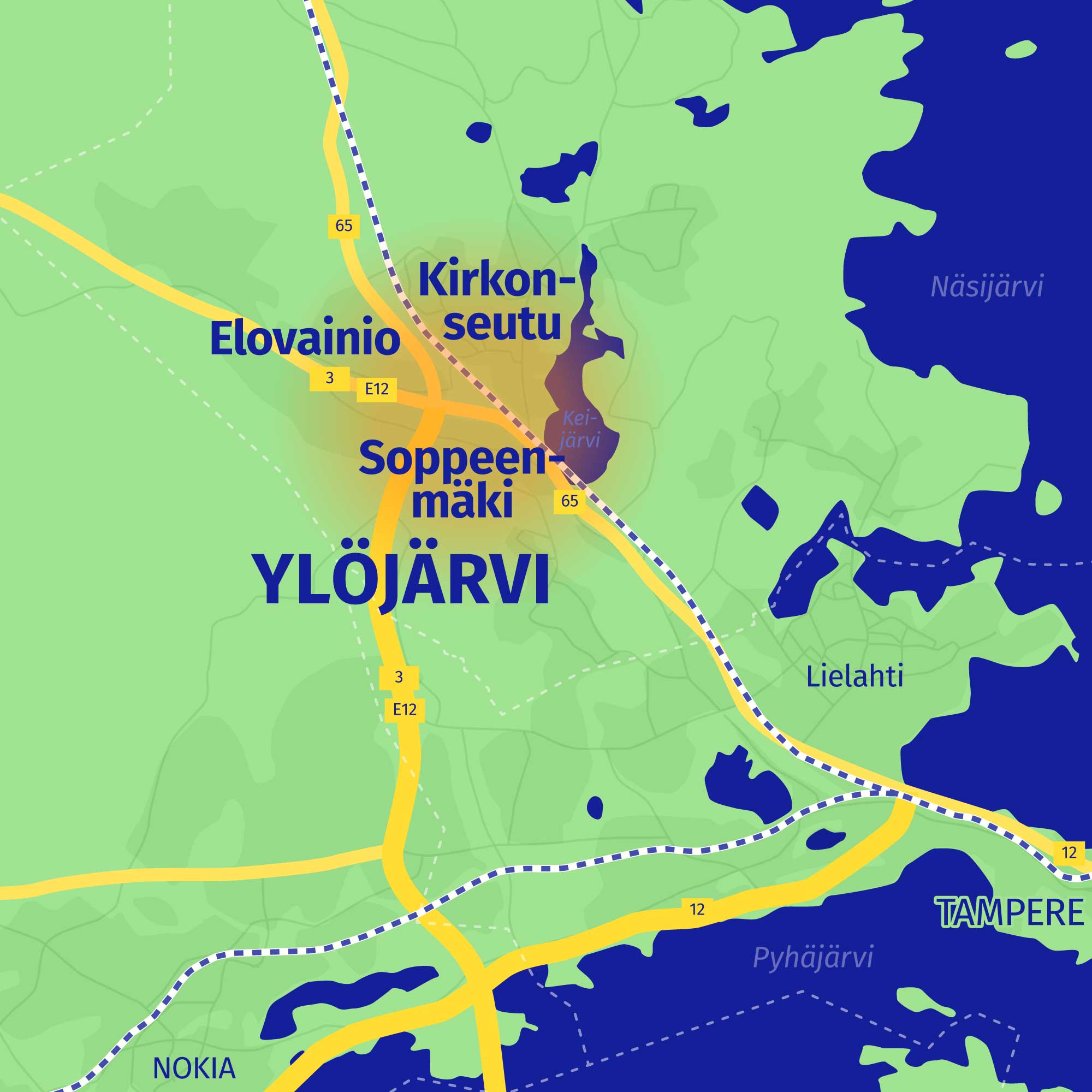 Ylöjärven keskustan sijainti Ylöjärven kartalla.