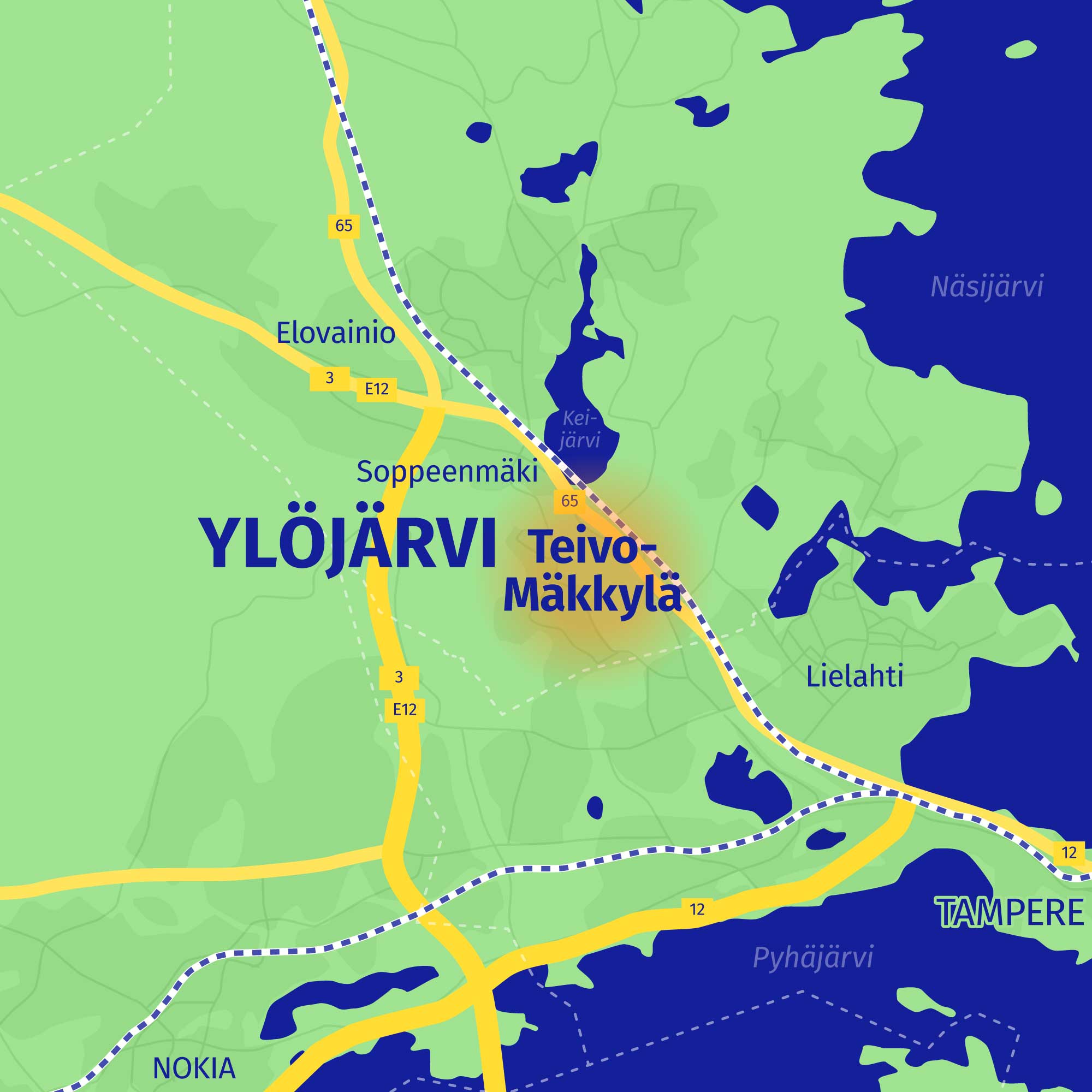 Teivo-Mäkkylän sijainti Ylöjärven kartalla.